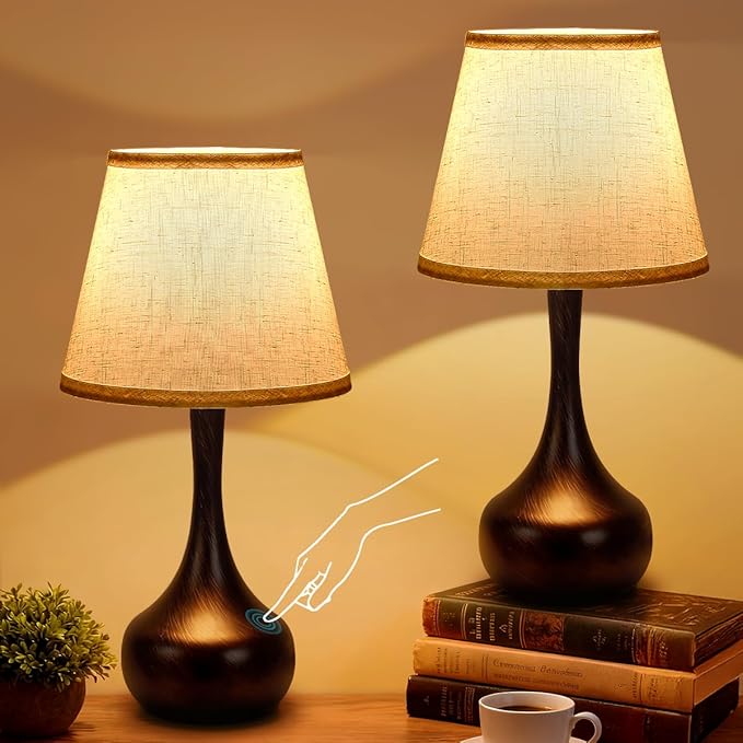 Touch Table Lamp for Bedroom Set of 2, Farmhouse 3-Way Dimmable Bedside Lamps for Nightstand with Fabric Shade, Lamps for Living Room,Desk Lamps for Home Office, Black Lamp for Bedroom