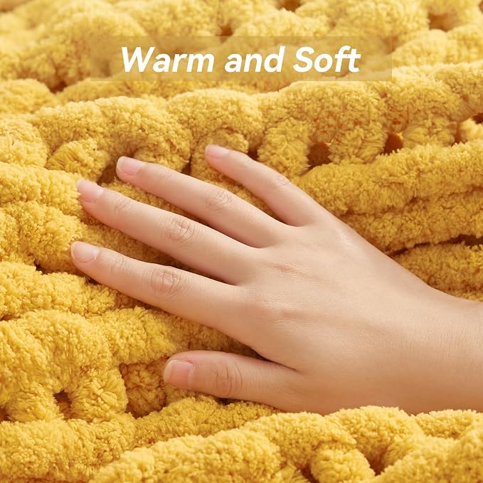 Negwoo Chunky Knit Throw Blanket, 80''*90'' Knitted Throw Chenille Yarn for Bed Couch, Handmade Yellow Crochet Big Thick Blanket, Machine Washable Cute Comfy Blanket for Home Decor