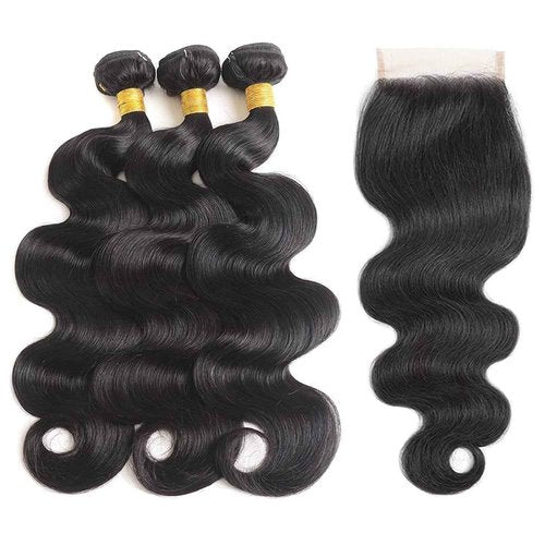 SIIKAP Body Wave Bundles with Closure (18 20 22+16,Free Part) Brazilian Body Wave Unprocessed Virgin human hair 3 bundles with 4x4 Lace Closure Natural Color