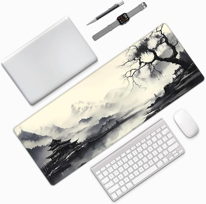 Gaming Mouse Pad Desk Pad,Extended Big Mouse Pad,31.5x11.8 Inch Long Computer Keyboard Mouse Mat Mousepad with 3mm Non-Slip Base and Stitched Edge for Gaming and Office⦠(wash painting2)