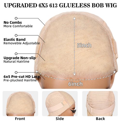 Bob Wig Human Hair Blonde 613 Wigs Human Hair Wear and Go 6x5 Glueless Wigs Pre Cut 210% Density 613 Lace Front Wig Human Hair 613 Closure Bob Wig Real Pre Bleached Tiny Knots(10inch,613 Glueless Bob)