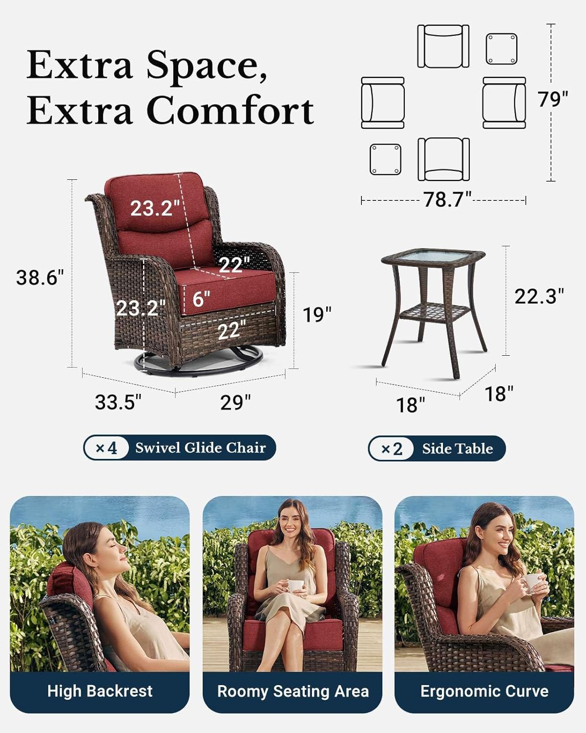 HILLGA Luxury Patio Furniture Set with 6-inch Thick Cushion, Outdoor High Back Swivel Rocker Patio Chairs, 6PCS Wicker Conversation Set for Deck Yard and Poolside, Burgundy (V2)