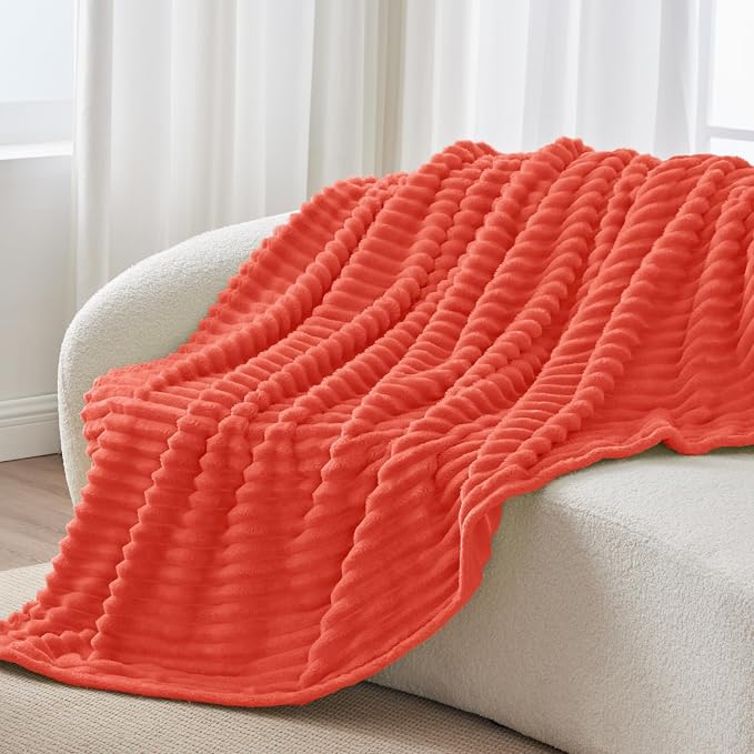 BEDELITE Twin Blanket for Couch & Bed, 300GSM Soft & Warm Fleece Blanket, Decorative and Giftable Striped Coral Red Blankets for Women, Men, 60"x80"