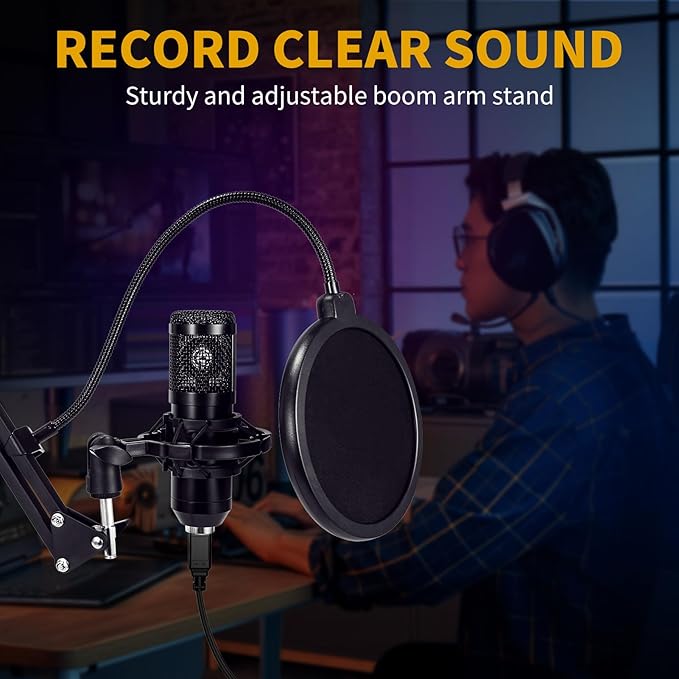 AMOOX Condenser Microphone,Professional USB Microphone Plug & Play PC Computer Microphone Condenser Cardioid Mic Kit with Adjustable Boom Arm Stand Shock Mount,for Podcast,Streaming,YouTube,Tiktok