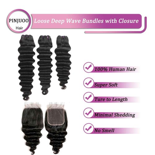 Pinjuoo Loose Deep Wave 3 Bundles with 4x4 HD Lace Closure 16 18 20+14 Inch 100% Unprocessed Remy Brazilian Hair Wet and Wavy Bundles with Closure Human Hair Natural Black Color for Women