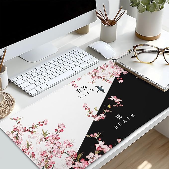 Black and White Cherry Blossom Gaming Mouse Pad XL,Extended Large Mouse Mat Desk Pad,Japanese Pink Sakura Death Life Long Non Slip Rubber Base Mice Pad 31.5 X 11.8 Inch