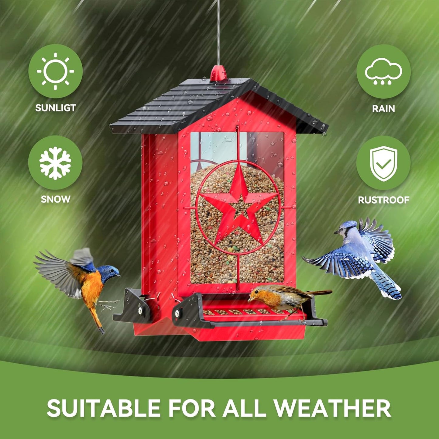 Squirrel Proof Bird Feeder for Outdoors Hanging, Metal Wild Bird Seed Feeder with Bilateral Weight-Activated Perches, 5LB Large Capacity Wild Bird Feeders for Outside Finch, Cardinal, Blue Jay