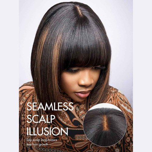 FFEGG Bob Wig with Bangs Human Hair Glueless HD Lace Straight Short Bob Wig with Brown Highlights, Ready to Go Short Wigs For Women (12 Inch bob wig)
