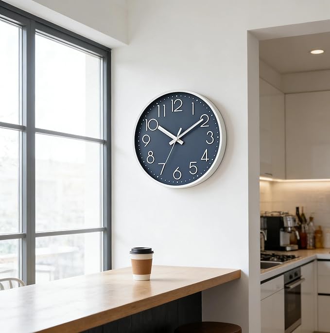 DAXSMY Wall Clock - 12 Inch Silent Non-Ticking Modern 3D Wall Clocks Battery Operated - Decorative Clock for Kitchen, Home Office, Bathroom, Bedroom, Living Room(Azure Blue)