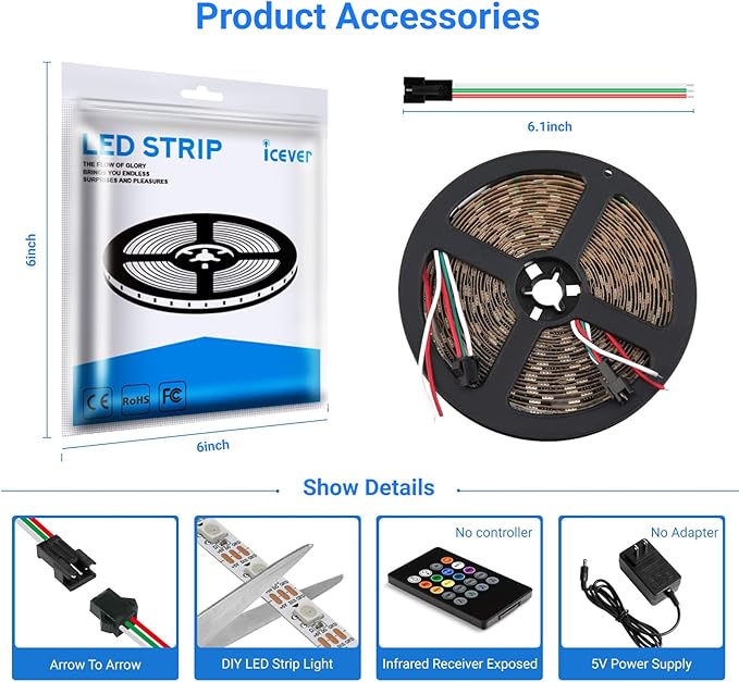 16.4FT WS2812B 5V LED Strip Lights 300 Individual Addressable RGB IC 5050SMD LEDs - Flexible Black PCB IP65 - 60LEDs/m MagicRGB Dream Color for DIY Chasing Color Project (No Power Supply & Controller)