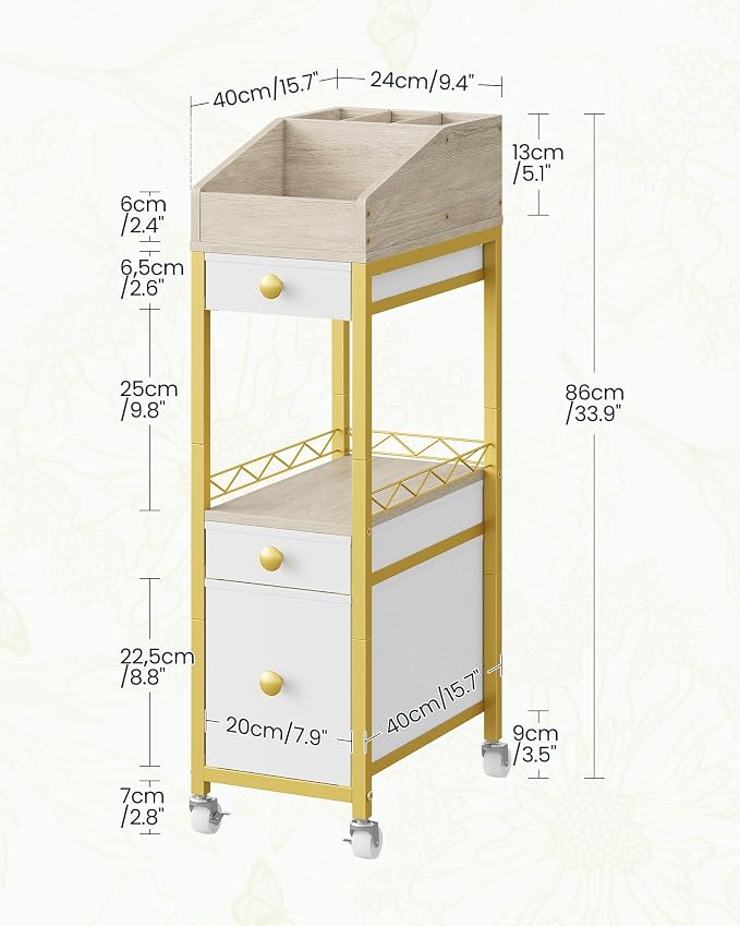 CHOEZON Makeup Organizer Storage Cart with Drawers, Floor-Standing Makeup and Skincare Organizer with Wheels, Bathroom Vanity Make Up Organizers for Brush, Hair Tool, White, Gold, and Natural TCJ90JW