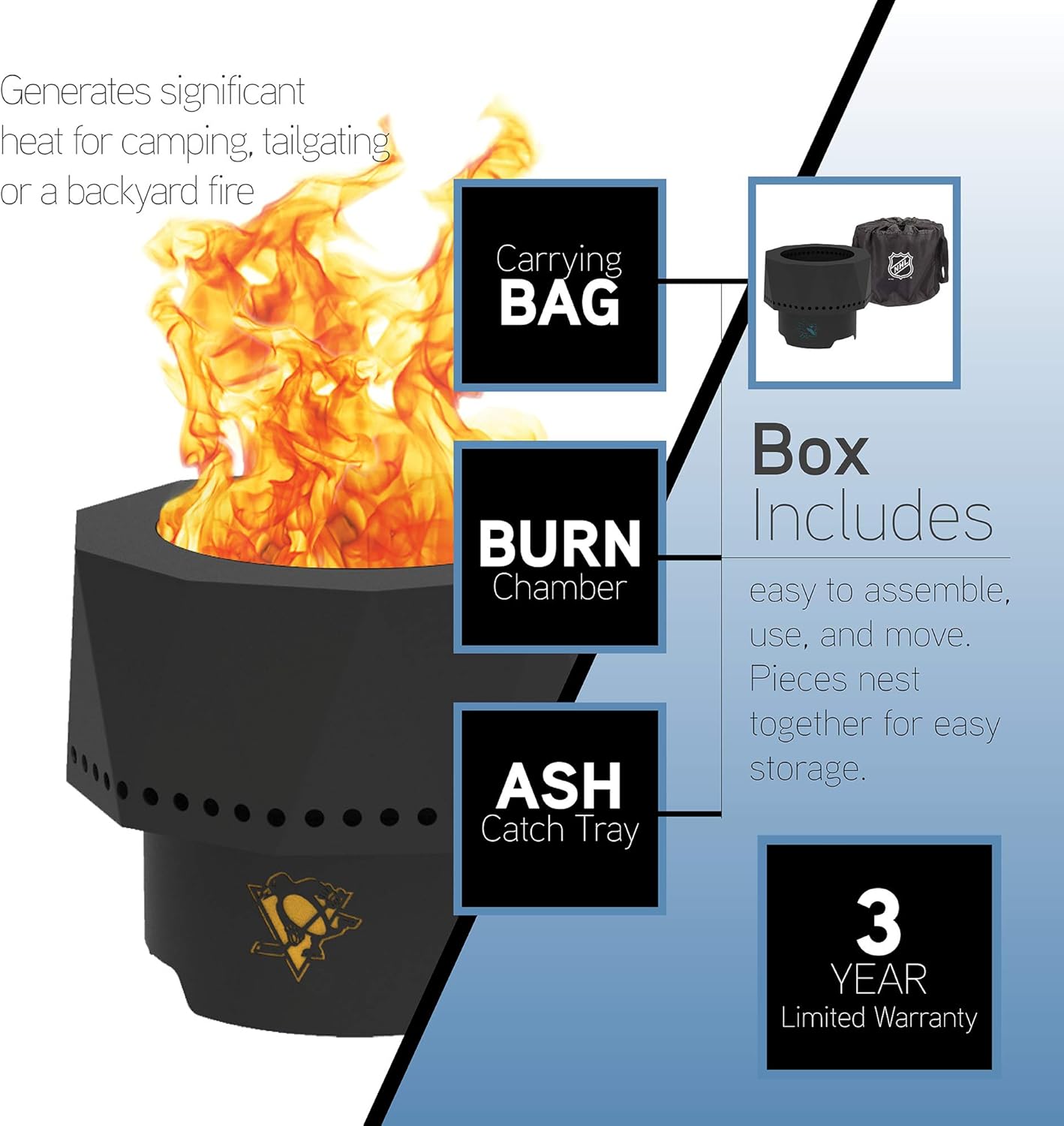 Blue Sky Outdoor Living NHL Philadelphia Flyers Ridge Portable Steel Smokeless Fire Pit with Carrying Bag, Firewood and/or Wood Pellet Burning