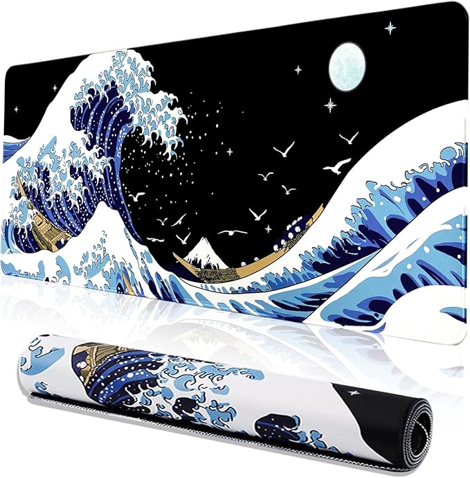 MEWOOCUE® Gaming Mouse Pad for Desk,Large Wave Mousepad Laptop,Black Japanese Anime Mouse Mat,Long XXL Waterproof Keyboard Pads,Big Non-Slip Mousepads for Game Office Home(31.5 x 11.9 in)