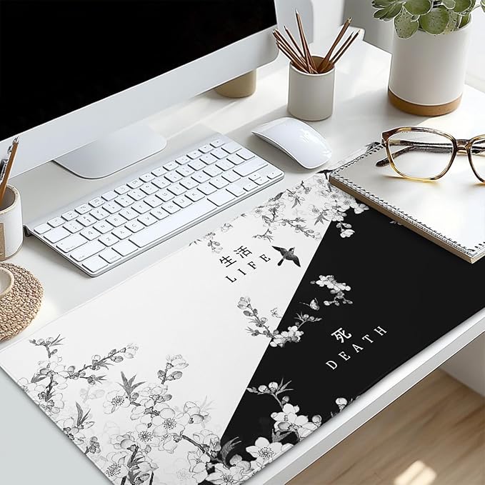 Black and White Cherry Blossom Gaming Mouse Pad XL,Large Mouse Pad Japanese Sakura Death Life Mouse Mat Desk Pad, Extended Stitched Non-Slip Rubber Edges Mousepad 31.5 X 11.8 Inch