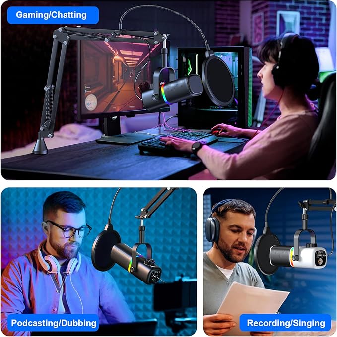 Aokeo AK-10 USB Gaming Microphone with mic arm, Condenser Microphone for PC/MAC/PS4/PS5/Phone-Cardioid Mic with RGB Lighting(White)