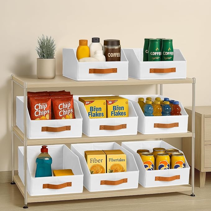 Homsorout Fabric Storage Bins for Organizing - 8 Pack Large Trapezoid Collapsible Storage Bins with Front Handle, Closet Organizers and Storage for Bedroom, Home Shelves, Small Spaces, White