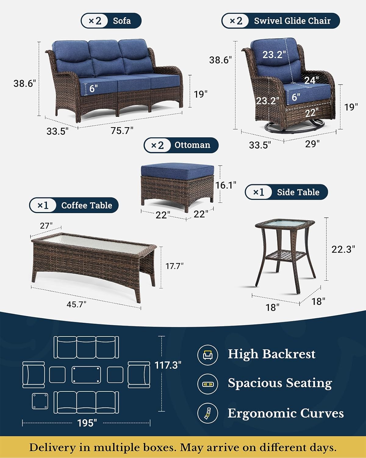 HILLGA Luxury Patio Furniture Set with 6-inch Thick Cushion, Outdoor Couch and High Back Swivel Rocker Patio Chairs, 8PCS Wicker Conversation Set for Deck Yard and Poolside, Blue (V2)