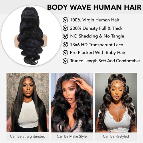 Pevrvfe 28 Inch 13x6 Lace Front Wigs Human Hair 200 Density Body Wave HD Lace Front Wigs Human Hair Pre Plucked Natural Color Lace Frontal Wigs for Black Women Glueless Wig
