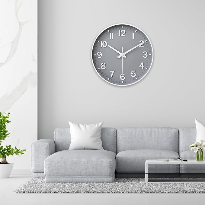 HZDHCLH Wall Clocks Battery Operated,Wall Clock Gray,10 inch Wall Clock Silent Non Ticking Modern 3D Numbers for Kitchen Bedroom Living Room Office Classroom Decor