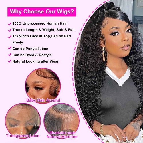 mmiQus Deep Wave Lace Front Wigs Human Hair 13x6 HD Lace Front Wigs Pre Plucked With Baby Hair 180% Density Curly Wigs for Black Women Natural Color 24 Inch