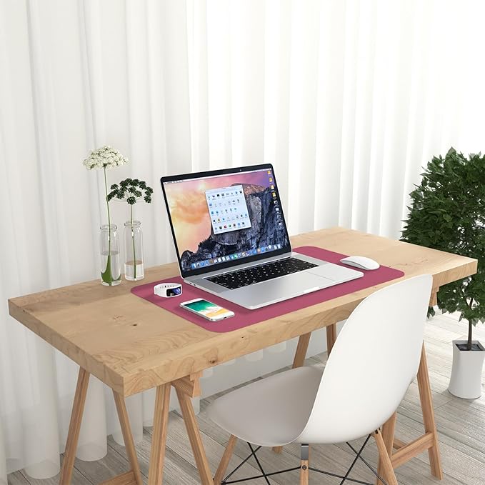 Hsurbtra Desk Pad, 23.6" x 13.8" PU Leather Desk Mat, M Extended Mouse Pad, Waterproof Desktop Blotter Protector, Non-Slip Ultra Thin Small Laptop Keyboard Writing Mat for Office Home, Deep Red