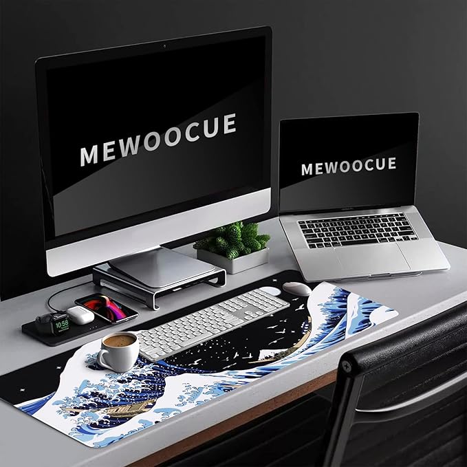 MEWOOCUE® Gaming Mouse Pad for Desk,Large Wave Mousepad Laptop,Black Japanese Anime Mouse Mat,Long XXL Waterproof Keyboard Pads,Big Non-Slip Mousepads for Game Office Home(35.4 x 15.7 in)