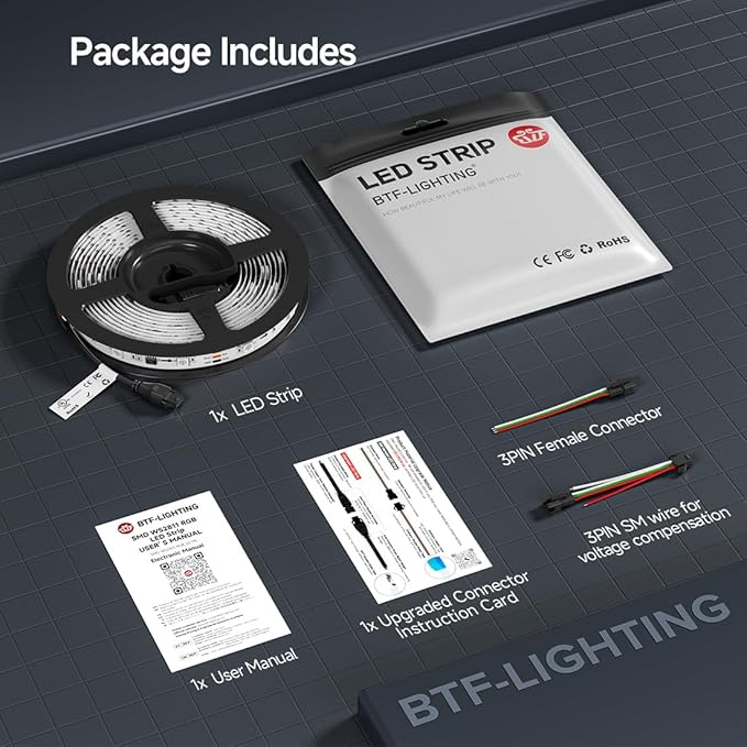 BTF-LIGHTING UL Listed WS2811 IC=RGB+IC Addressable Color RGB LED Strip,16.4FT 30LED/m 10Pixels/m,IP30 White PCB Flexible DC12V Chasing Effect for Indoor Home Decor,3M Tape(No Adapter or Controller)
