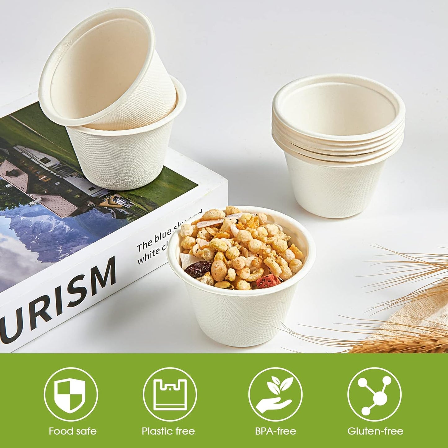 ECOLipak 200 Pack 4 oz Compostable Portion Cups, 100% Biodegradable Souffle Cups, Disposable Paper Cup for Condiment Samples