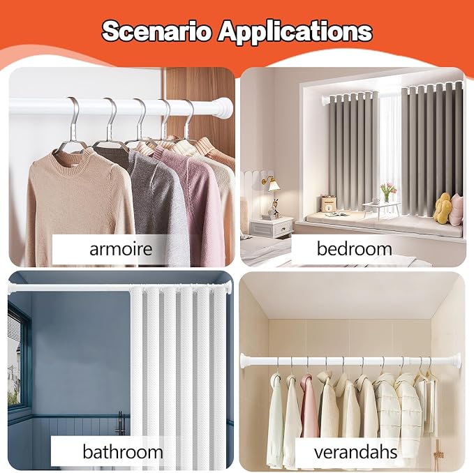 Closet Rod for Hanging Clothes, with No Drilling Holder 30 to 88 Inch Adjustable White Closet Rods, Space Saving Tension Spring Pole Heavy Duty Bar for Wardrobes, Shoe Cabinets