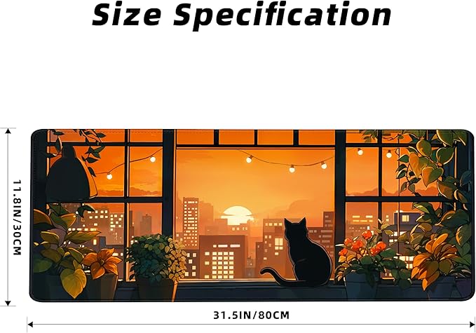 FLY SPRAY® Gaming Mouse Pad for Computer,XXL Cute Cat Mousepad Laptop,Anime Mouse Mat,Extended Large Black Japanese Waterproof Keyboard Pads,Non-Slip Mouse Pads for Game Office Home(31.5 x 11.9 in)
