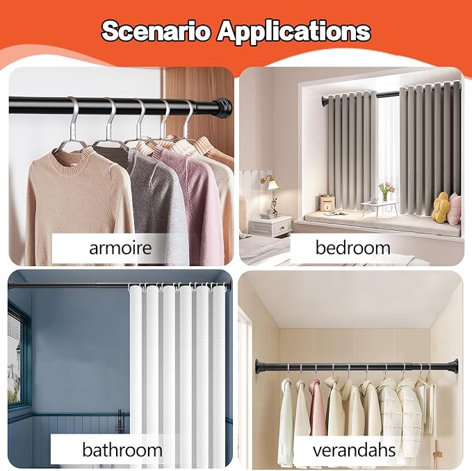 Closet Rod - 30-64 Inches, No Drilling Closet Rod Extender Hanging - Matte Black Adjustable Clothes Hanging Bar, for Closet, Bathroom, Windows with No Drilling Holder