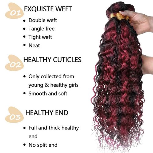 Fabimiya 22 24 26 inch Burgundy P1B/99J Deep Wave Human Hair Bundles Wine Red Human Hair Bundles Unprocessed Burgundy Soft Sewn In Hair with Double Weft for Black Women