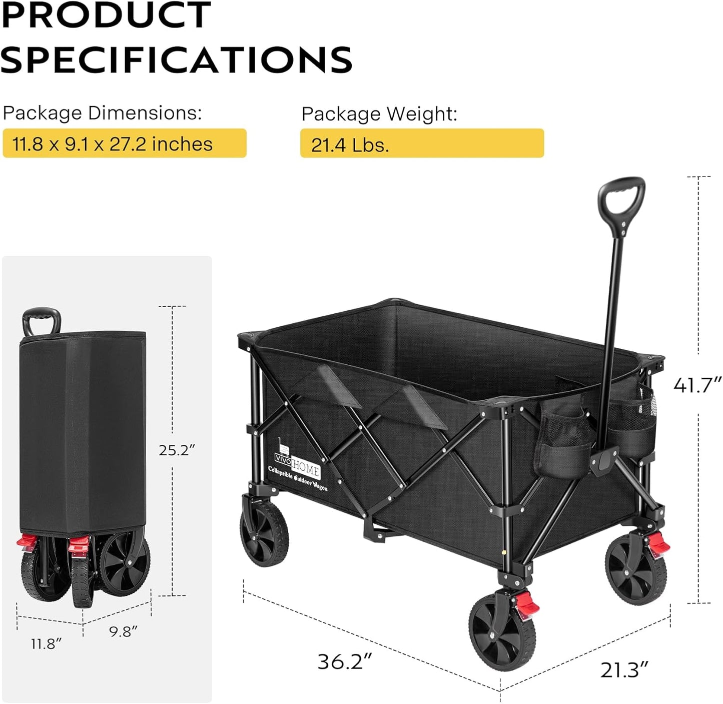 VIVOHOME 200L Collapsible Wagon 300lbs Heavy Duty Folding Utility Garden Cart Foldable Beach Wagons Large Capacity for Camping Picnic - Black