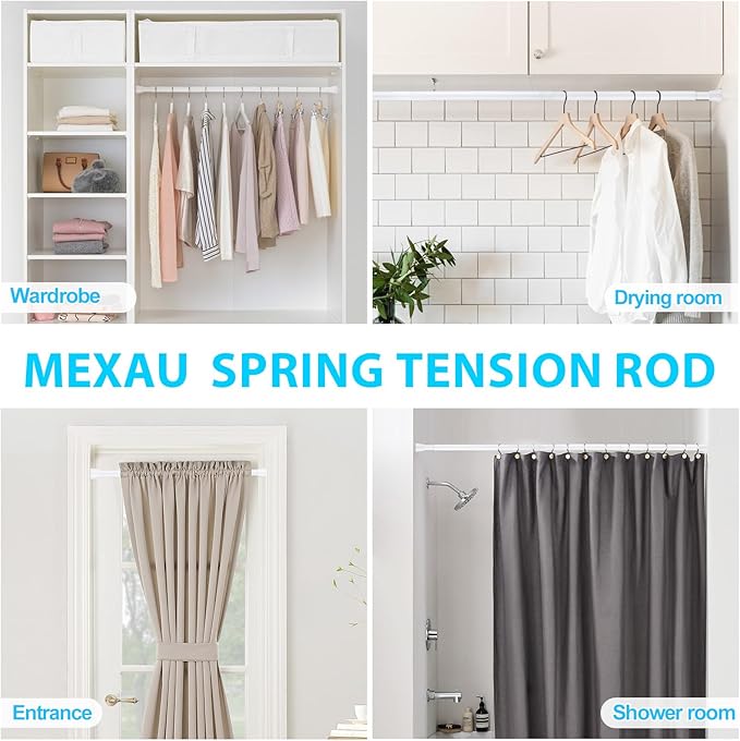MEXAU 4 Pack White Tension Curtain Rod for Windows 30 To 64 Inch White Tension Rod 7/8" Adjustable Spring Curtain Rod No Drilling Tension Shower Curtain Rods for Closet Doorways