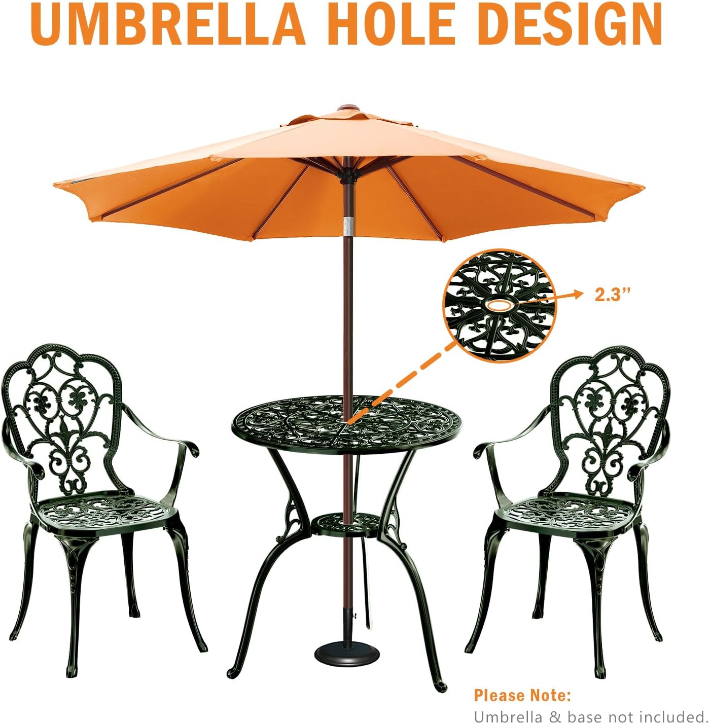 Patio Bistro Set of 2, Cast Aluminum, Outdoor Set w/Umbrella Hole, 3 Piece Table and Chairs Set, Bistro Set for Backyard/Garden/Lawn, Green
