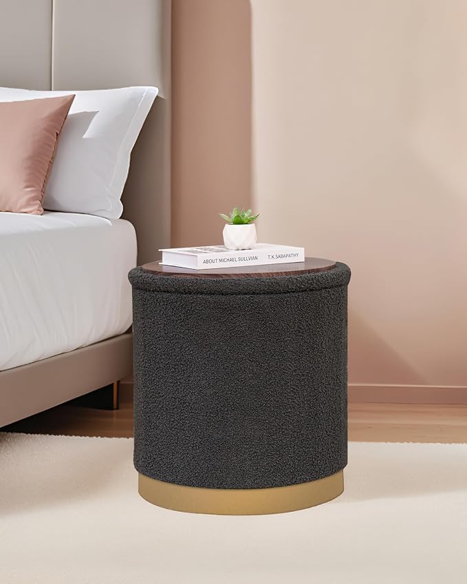 B FSOBEIIALEO Ottoman with Stroage, Round Boucle Storage Ottoman with Gold Plating Base,Foot Rest Stool for Dorm Room, Living Room Dark Grey, 16.73"x16.73"x17.72"