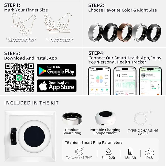 Smart Ring Titanium Fitness Sleep Tracker Health Monitoring Blood Pressure Blood Oxygen for iPhone and Android 7 Days Batterty Life (Black, 11) Full Charge First Use