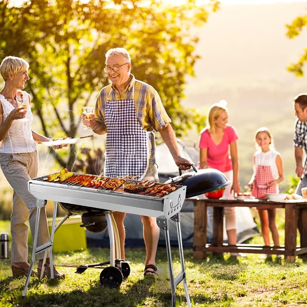 Charcoal Grill, Barbecue Grill Stainless Steel BBQ Smoker Barbecue Folding Portable for Outdoor Cooking Camping Hiking Picnics Backpacking Large