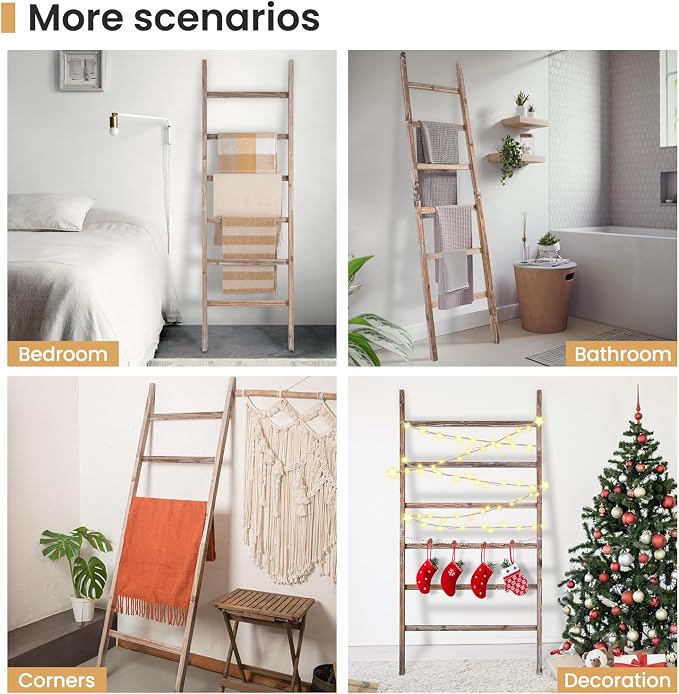 SwaaVee Quilt Ladder 6-Tier Towel Rack, Wooden Decorative Blanket Ladder Shelf for Home Decor, Wall Leaning Farmhouse Quilt Display Towel Holder Organizer for Living Room, Bathroom (38" Wide)