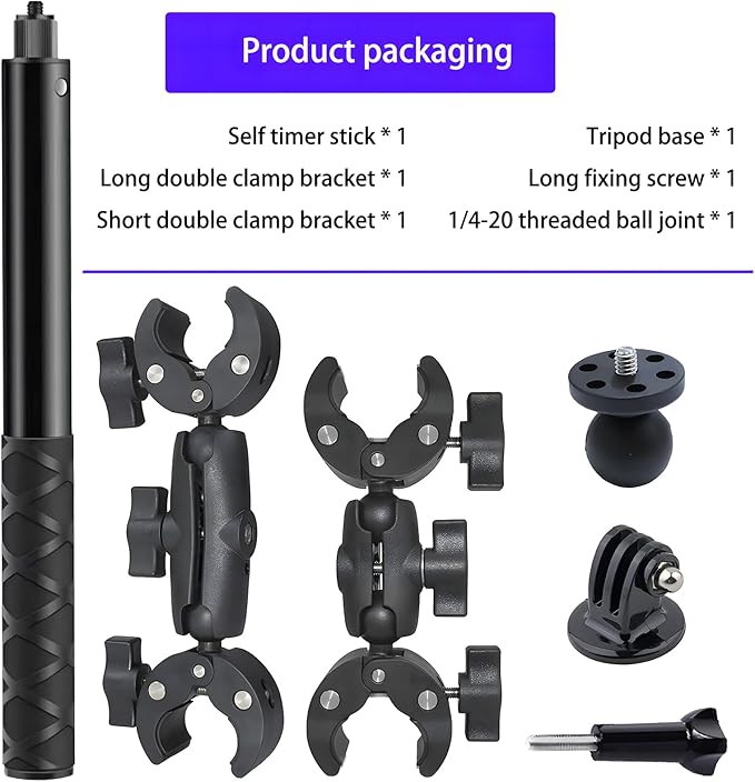 Motorcycle Bike Handlebar Clamp Mount with 47.3" Invisible Selfie Stick Compatible for Insta360 ONE X5 X4 X3 X2 X RS R Go 2 3 and Go Pro Max Action Camera