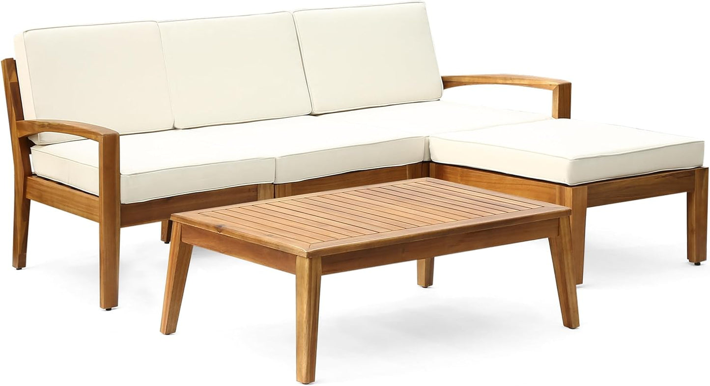 L-Shape Outdoor Furniture Set, 3-Piece Acacia Sectional Patio Sofa Set with 3-Seater Sofa, Coffee Table and Ottoman, Conversation Set for Garden, Poolside, Backyard