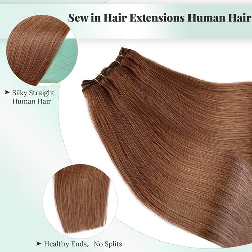 Auburn Brown Long Straight Real Human Hair Weft Hair Extensions Sew in, 22 Inch 120G Hand Tied Sew in Hair Extensions Human Hair Full Head Auburn Brown Weft Human Hair Bundles for Women