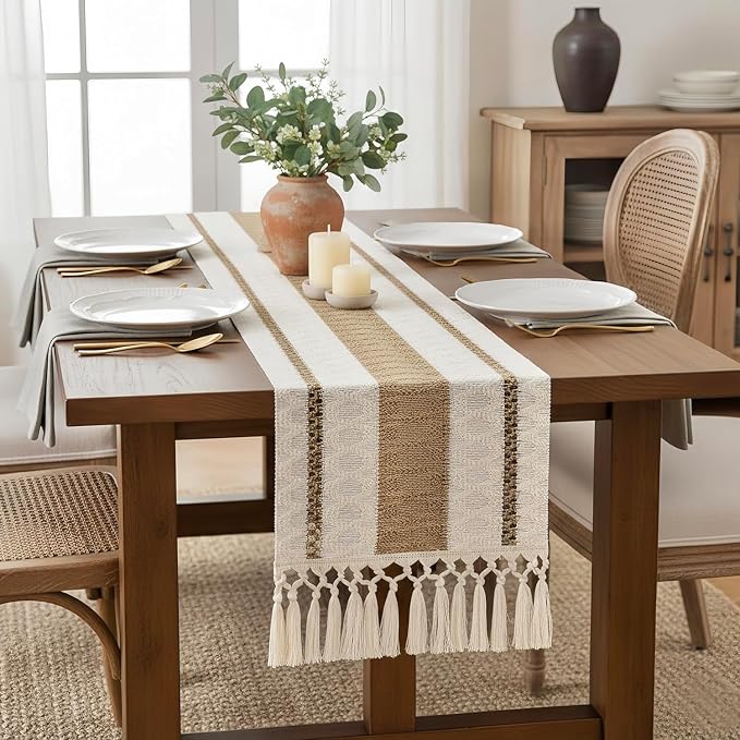 FEXIA Boho Table Runner with Tassels 12x90 Inches for Home Decor Farmhouse Rustic Macrame Burlap Table Decoration for Pottery Barn Furniture, Living Room and Dining Room