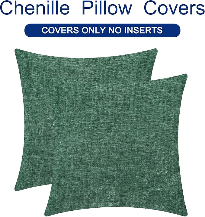 CaliTime Christmas Throw Pillow Covers Decorative 24 X 24 Inches Pack of 2 Cozy Chenille Cushion Cases for Couch Sofa Bed Living Room Home Dark Green