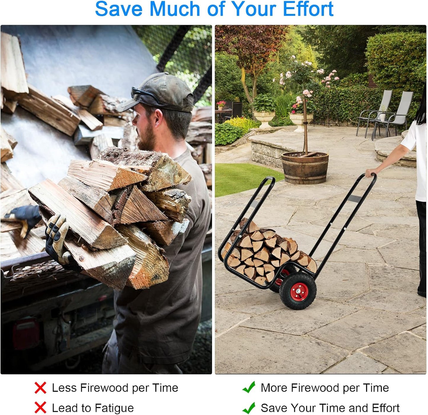 S AFSTAR Firewood Cart with Wheels, Heavy-Duty Steel Wood Log Carts w/Shockproof Wheels & Portable Handle, 3.6ft/44âH Rolling Firewood Log Carrier, Wood Storage Rack Mover, 220 lbs Weight Capacity