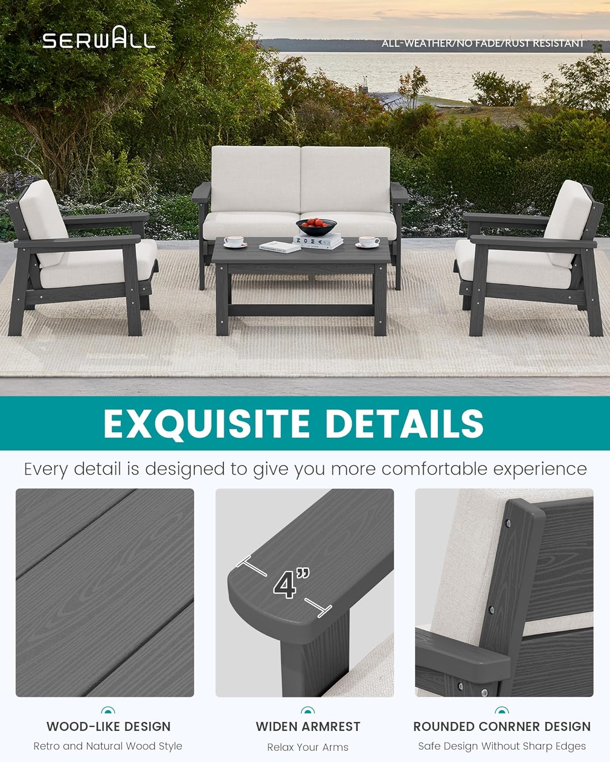 SERWALL HDPE Outdoor Furniture Set 4, All Weather Wood-Like Outdoor Sofa Sectional Couch, Grey Patio Furniture Set with Khaki Cushions