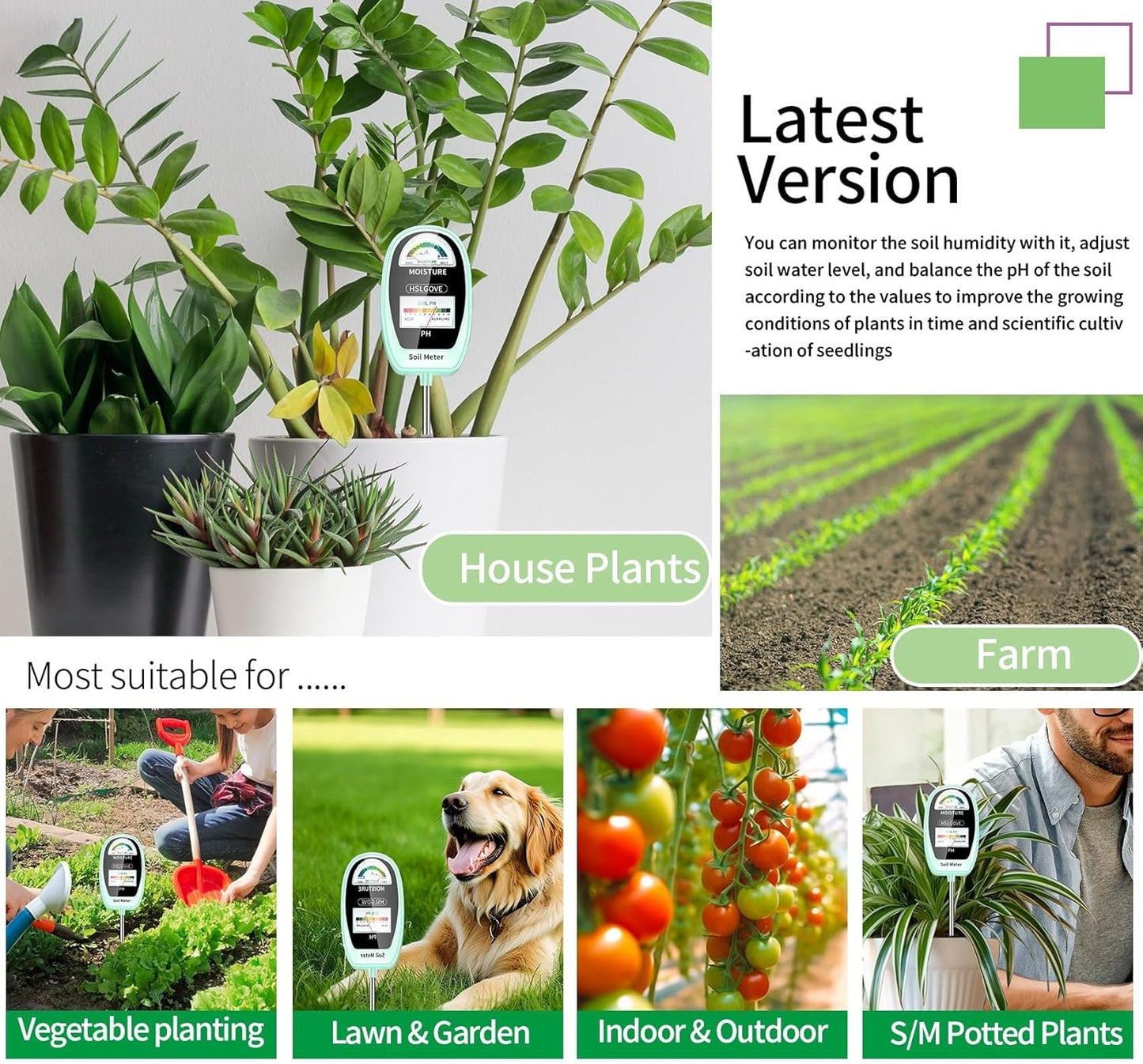 HSLGOVE Soil Test Kit, 2-in-1 Soil Moisture Meter/Soil PH Meter, Dual Screen Soil Tester, Soil Moisture Meter for Plants Watering/Gardening for Lawn,Farm Indoor&Outdoor Use-Greennew