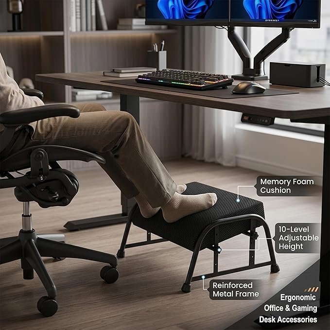 Under Desk Footrest with Memory Foam, Adjustable 10-Level Ergonomic Foot Rest for Office & Gaming Desk Accessories for Leg Rest, Reinforced Metal Frame, Non-Slip Base Extra Large(Black 2 USE