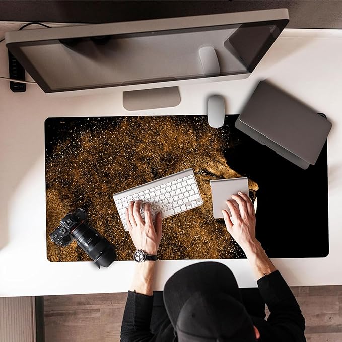 Large Gaming Mouse Pad 31.5"x15.7"| Golden Lion-Themed XXL Keyboard Pad, Mouse Mat, Desk Pad, Non-Slip Rubber Base & Stitched Edges Desk Mat- Big Extended Mousepad for PC/Laptop/Office/Home Decor