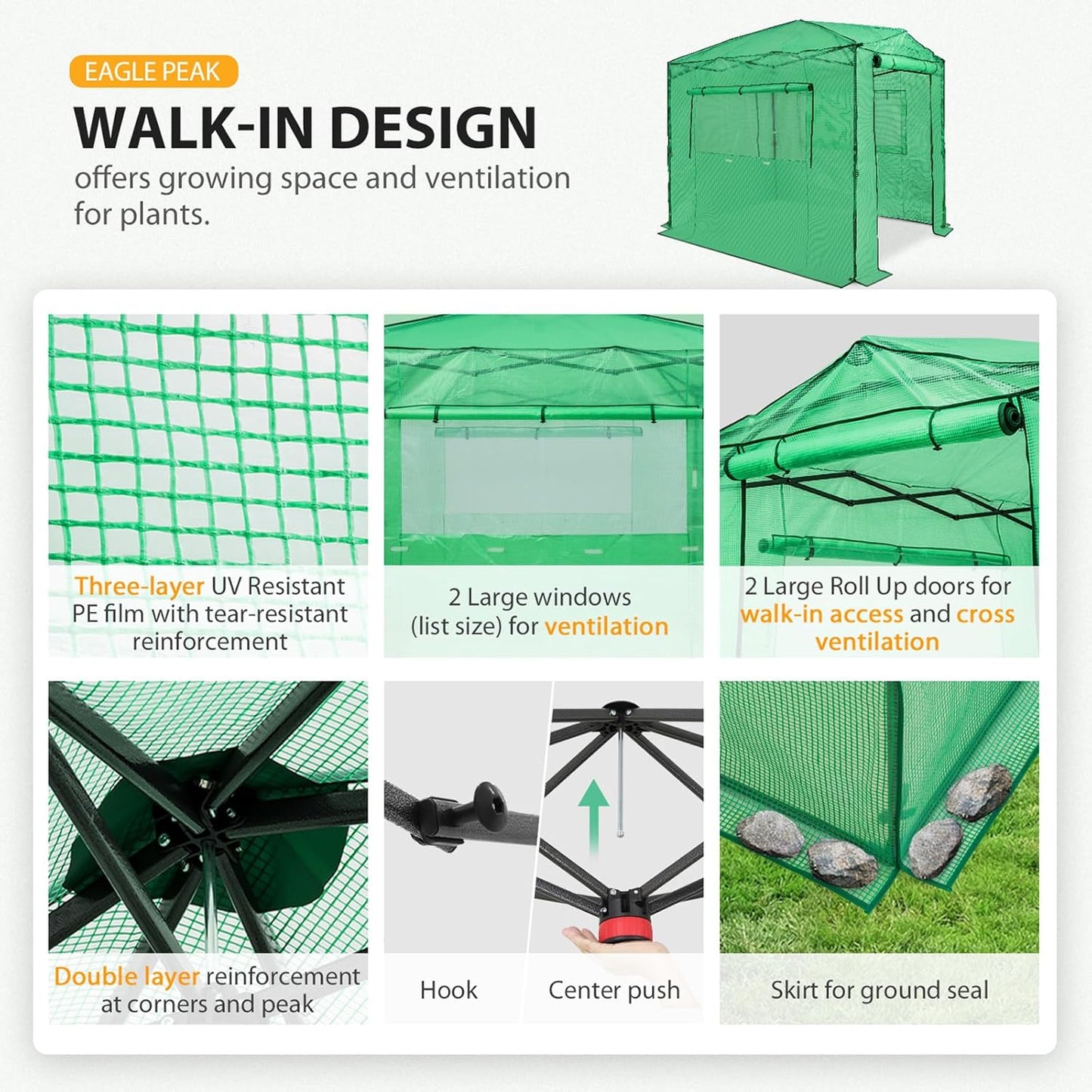 EAGLE PEAK Instant Pop-up Greenhouse, Indoor Outdoor Plant Gardening Green House, Roll-Up Zipper Doors and Side Windows, Walk in 8x6 ft, PE Cover, Green/Clear